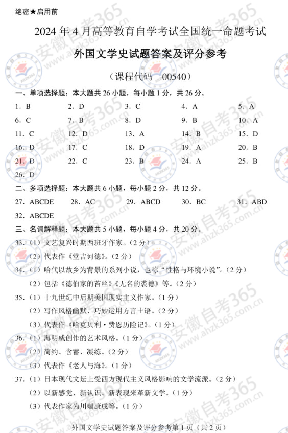 2024年4月自考00540外國(guó)文學(xué)史試題及答案_1.jpg